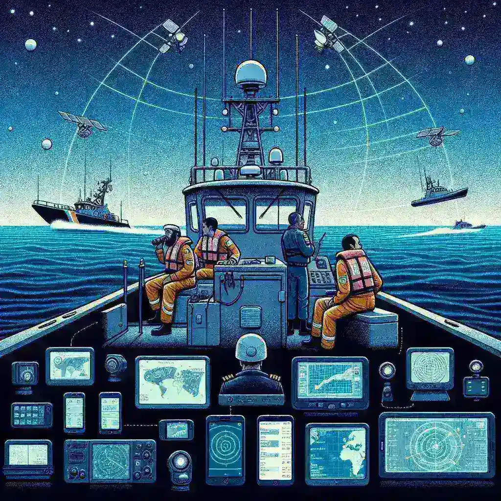 "US Coast Guard personnel testing satellite messaging beacons integrated with smartphones during a maritime safety exercise, showcasing advanced technology for enhanced communication and rescue operations."