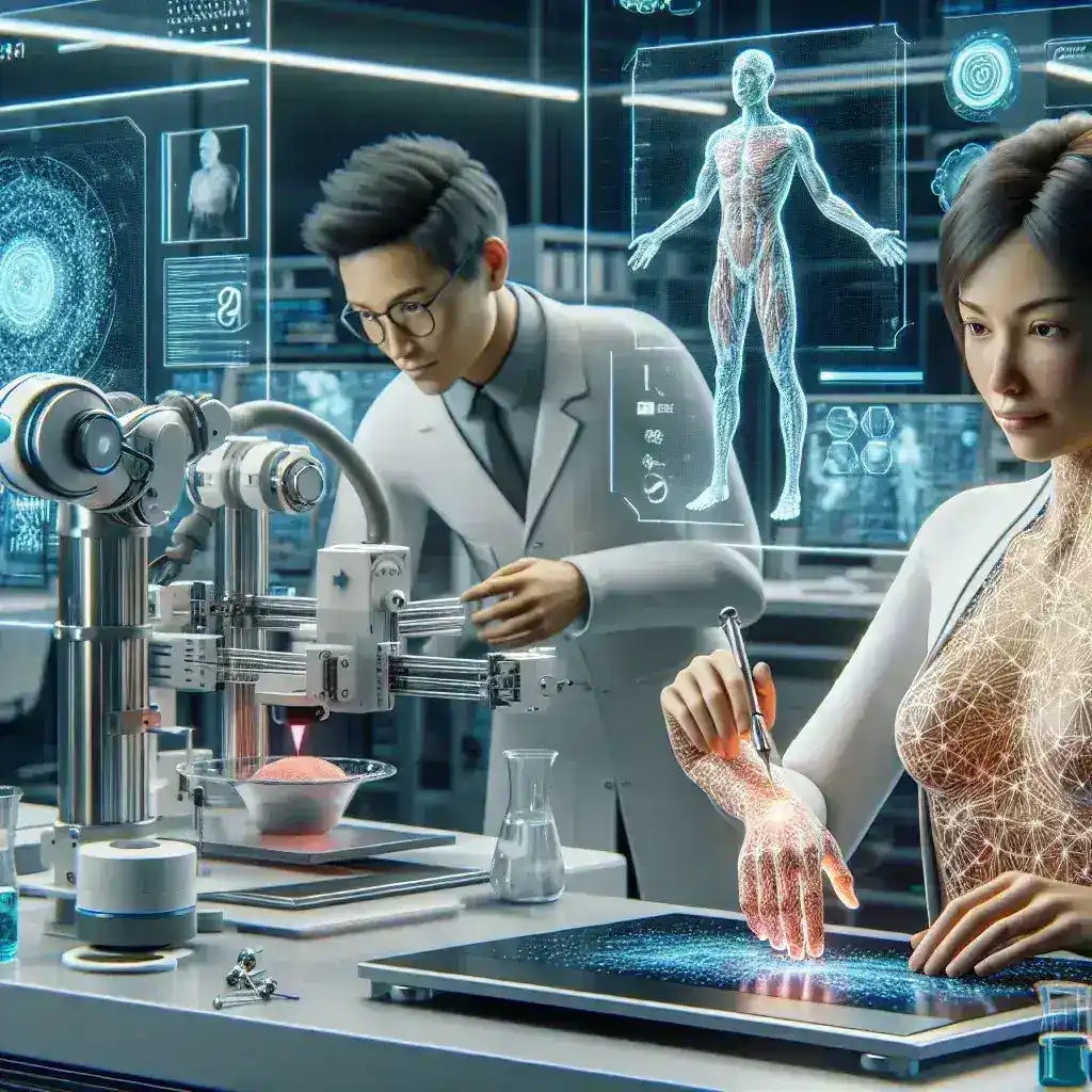 "3D-printed skin grafts created using AI technology, showcasing innovative solutions for burn treatment therapies in a medical setting."